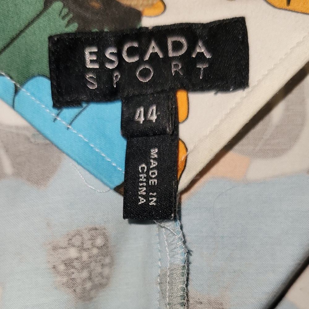Escada Sport Floral Monstera Print Belted A Line Dress Size 44 US 14 Blue/Orange - Picture 6 of 7